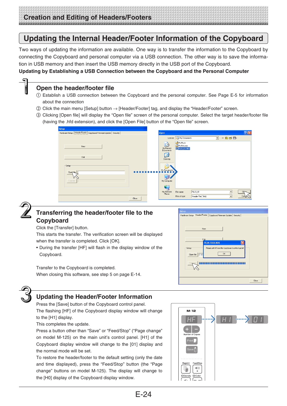 E-24, Creation and editing of headers/footers, Updating the header/footer information | Open the header/footer file | Konica Minolta magicolor plus User Manual | Page 24 / 28