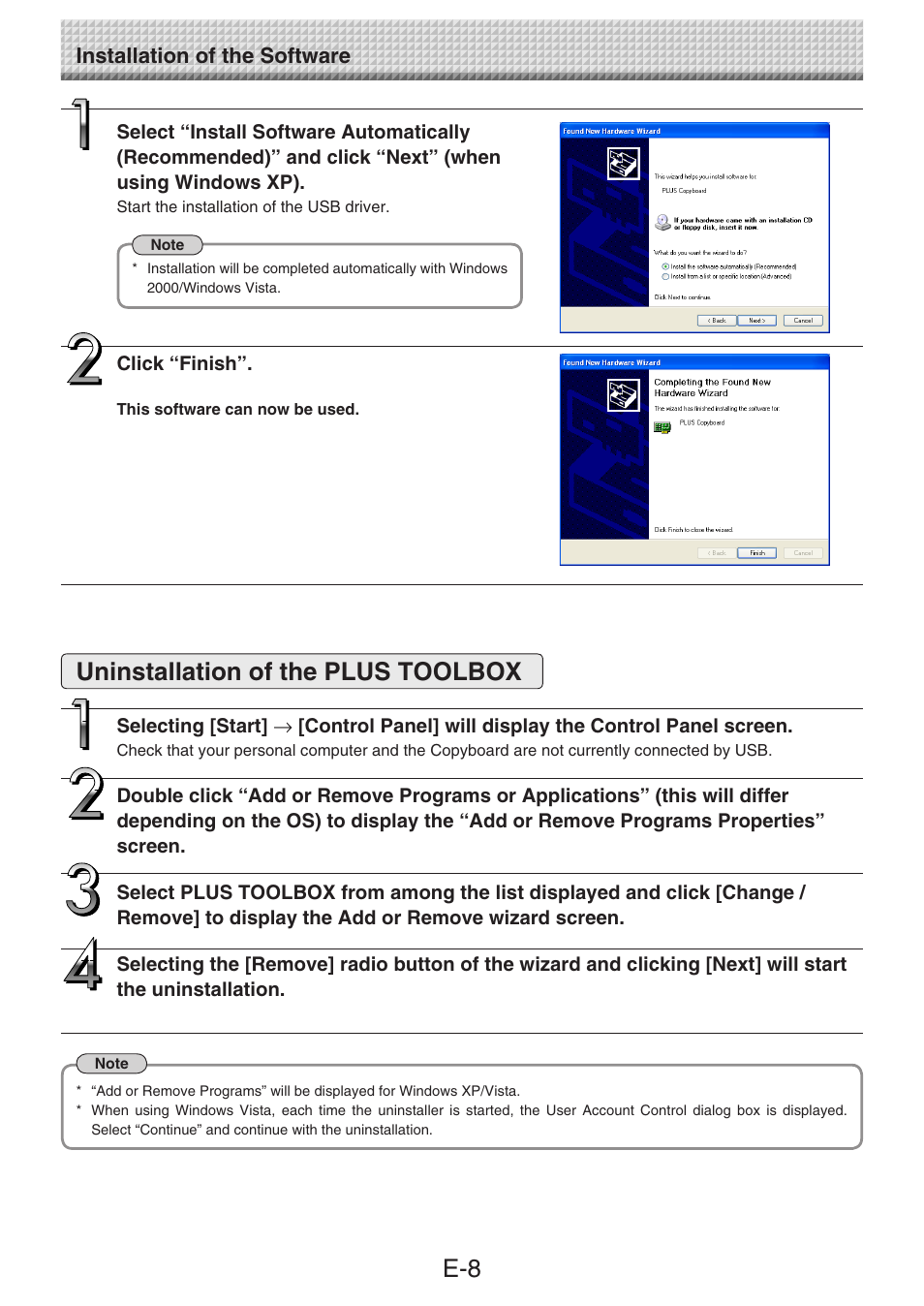 Uninstallation of the plus toolbox, E-8 uninstallation of the plus toolbox, Installation of the software | Konica Minolta magicolor plus User Manual | Page 8 / 28