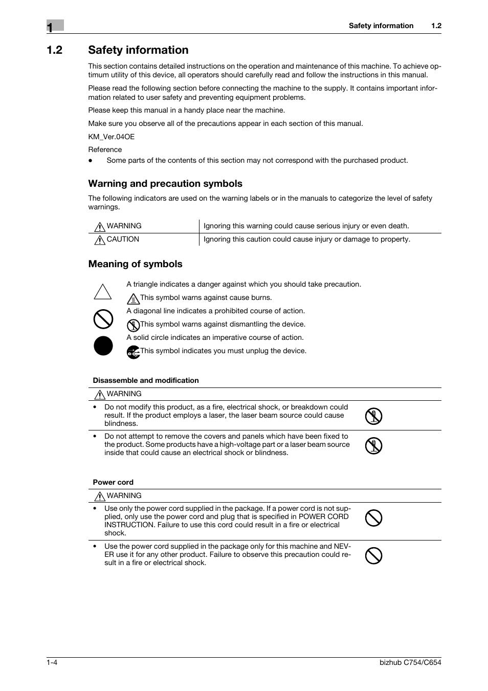 2 safety information, Warning and precaution symbols, Meaning of symbols | Konica Minolta bizhub C654 User Manual | Page 10 / 130