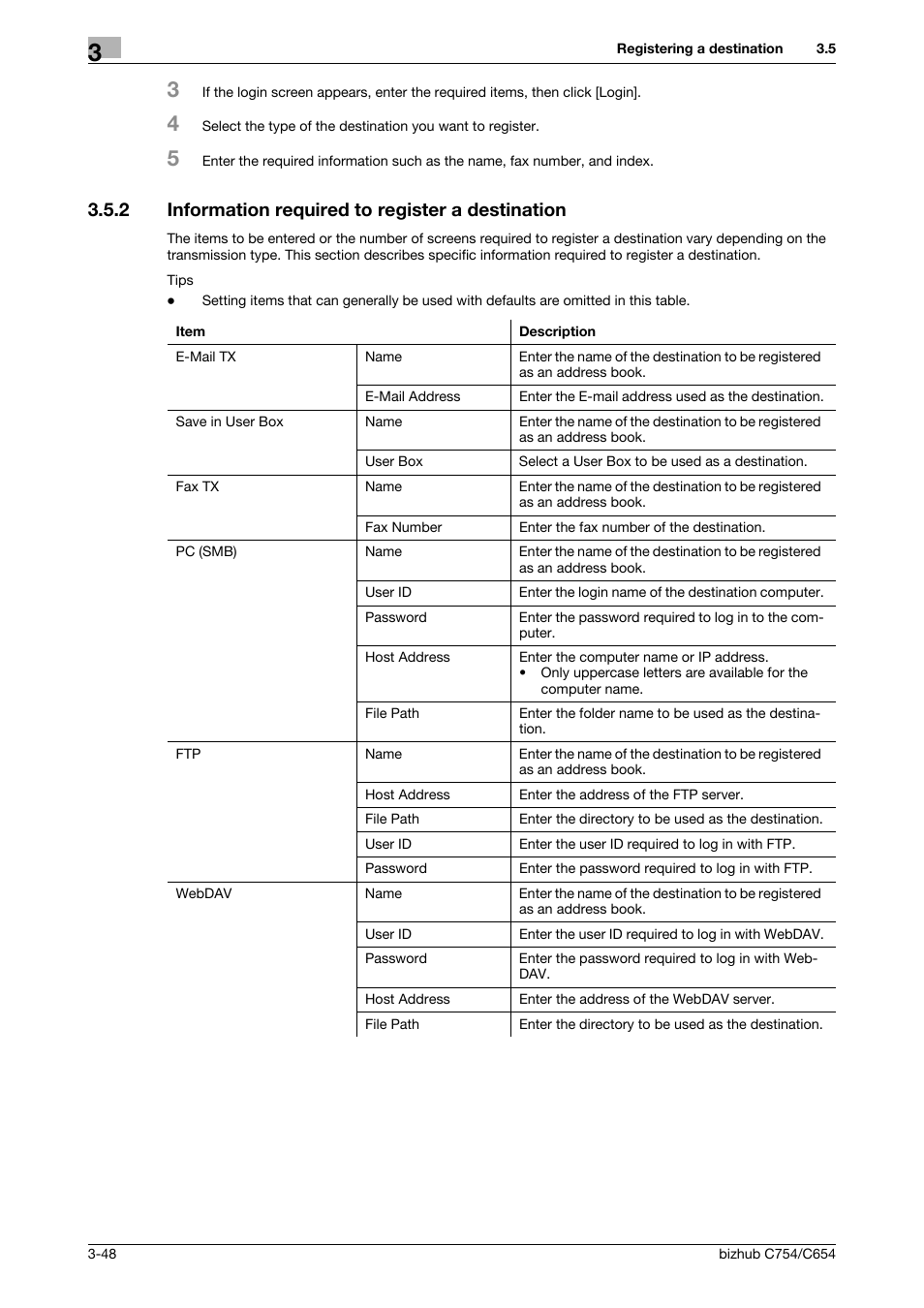 2 information required to register a destination, Information required to register a destination -48 | Konica Minolta bizhub C654 User Manual | Page 104 / 130