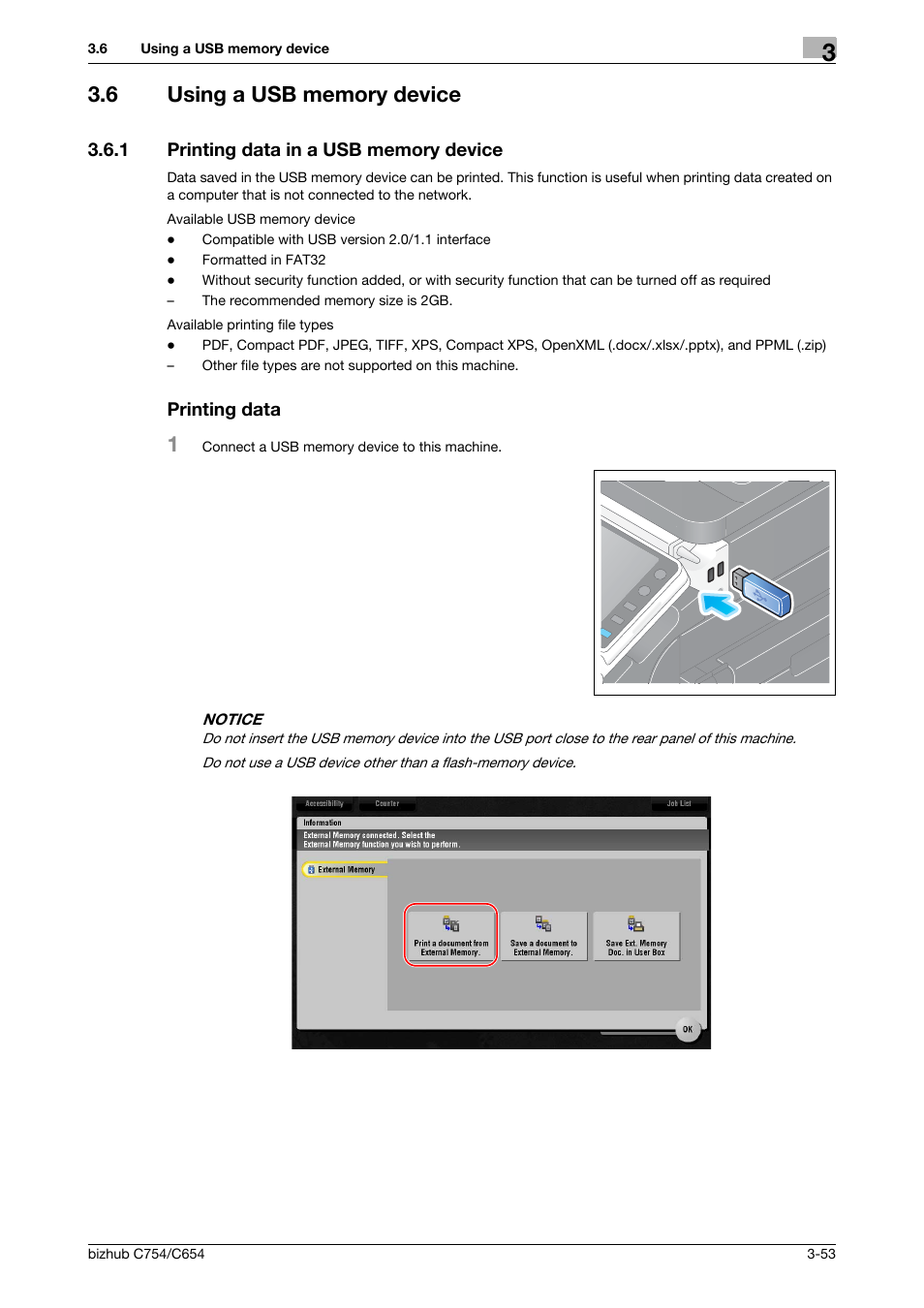 6 using a usb memory device, 1 printing data in a usb memory device, Printing data | Using a usb memory device -53 | Konica Minolta bizhub C654 User Manual | Page 109 / 130