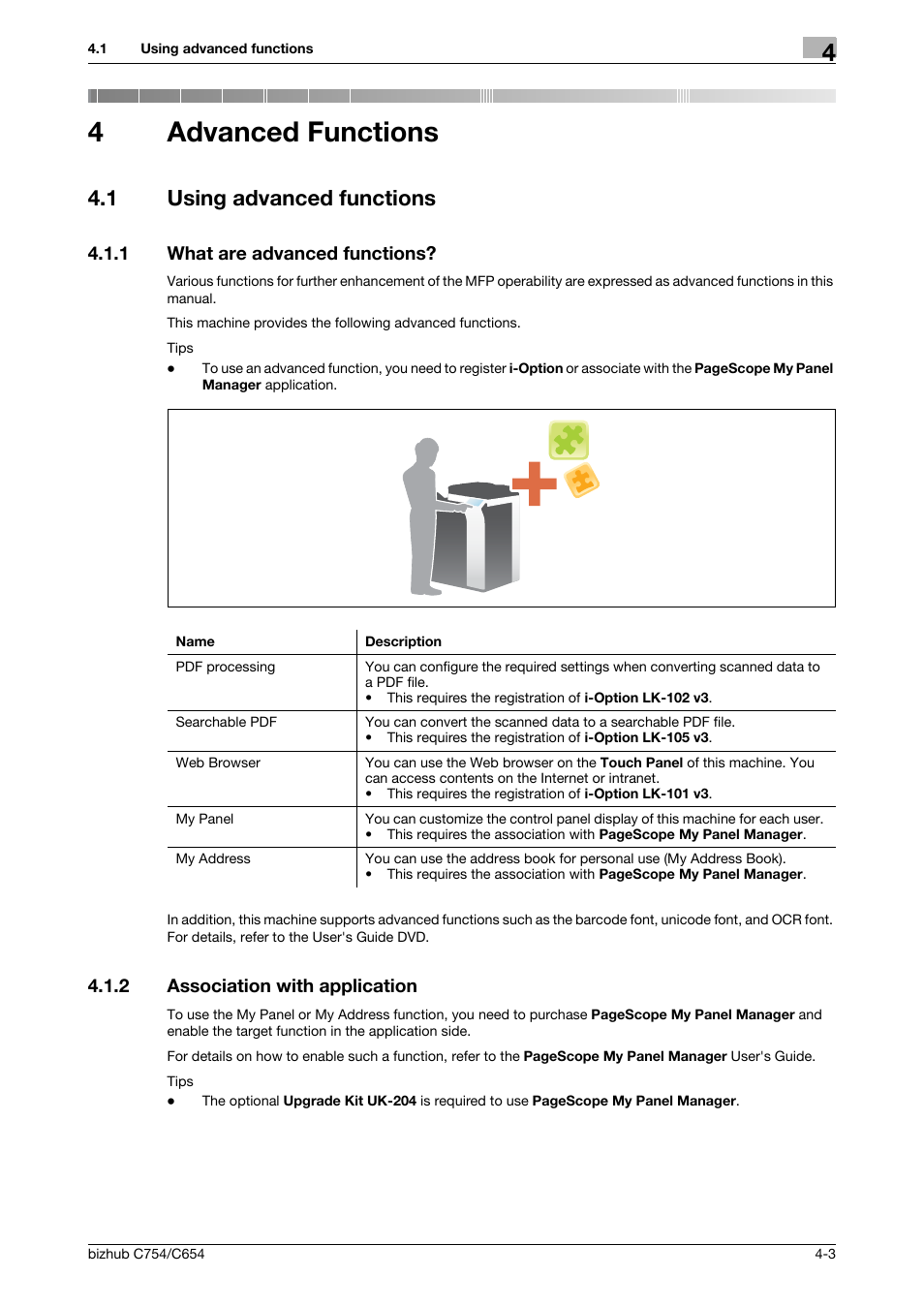 4 advanced functions, 1 using advanced functions, 1 what are advanced functions | 2 association with application, Advanced functions, Using advanced functions -3, What are advanced functions? -3, Association with application -3, 4advanced functions | Konica Minolta bizhub C654 User Manual | Page 123 / 130