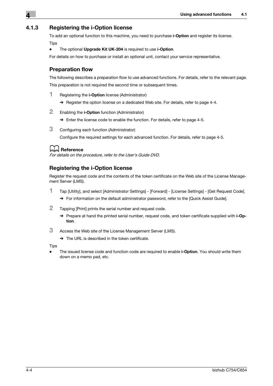 3 registering the i-option license, Preparation flow, Registering the i-option license | Konica Minolta bizhub C654 User Manual | Page 124 / 130