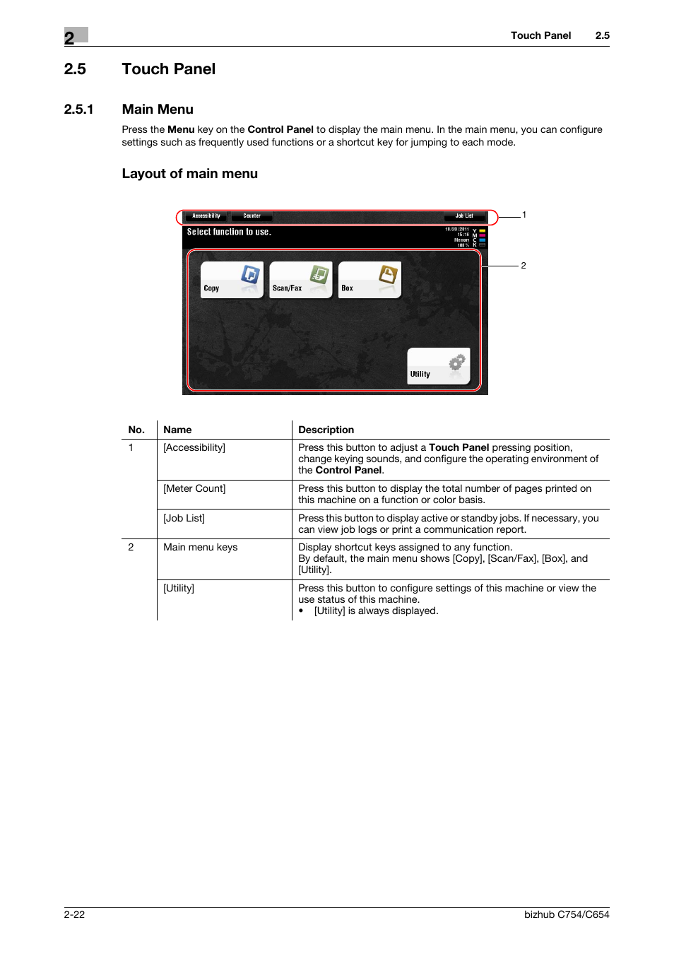 5 touch panel, 1 main menu, Layout of main menu | Touch panel -22, Main menu -22 layout of main menu -22 | Konica Minolta bizhub C654 User Manual | Page 46 / 130