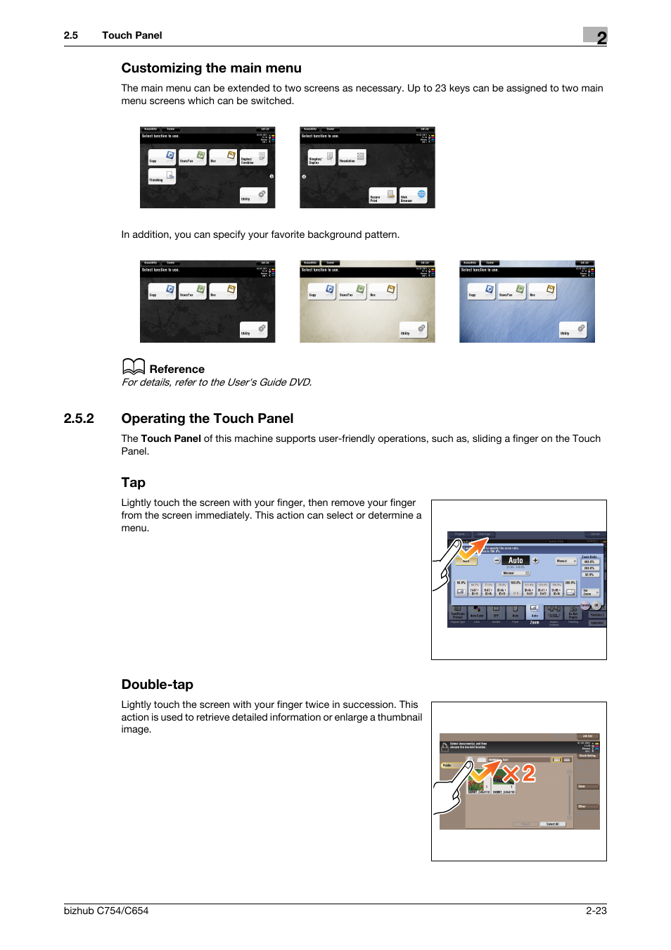 Customizing the main menu, 2 operating the touch panel, Double-tap | Customizing the main menu -23 | Konica Minolta bizhub C654 User Manual | Page 47 / 130