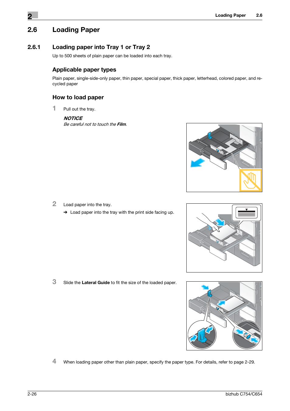 6 loading paper, 1 loading paper into tray 1 or tray 2, Applicable paper types | How to load paper, Loading paper -26 | Konica Minolta bizhub C654 User Manual | Page 50 / 130