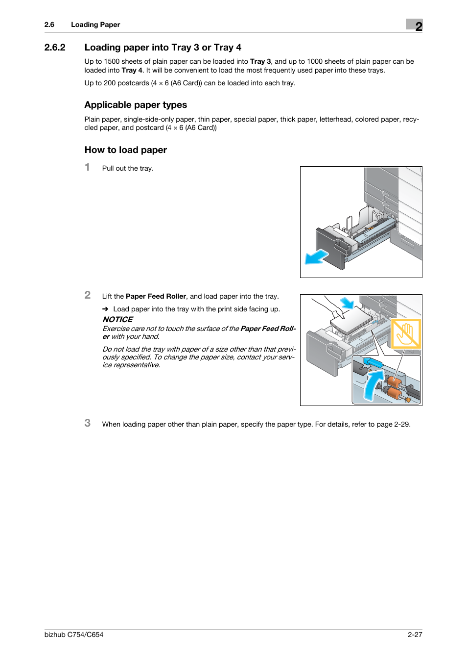 2 loading paper into tray 3 or tray 4, Applicable paper types, How to load paper | Konica Minolta bizhub C654 User Manual | Page 51 / 130