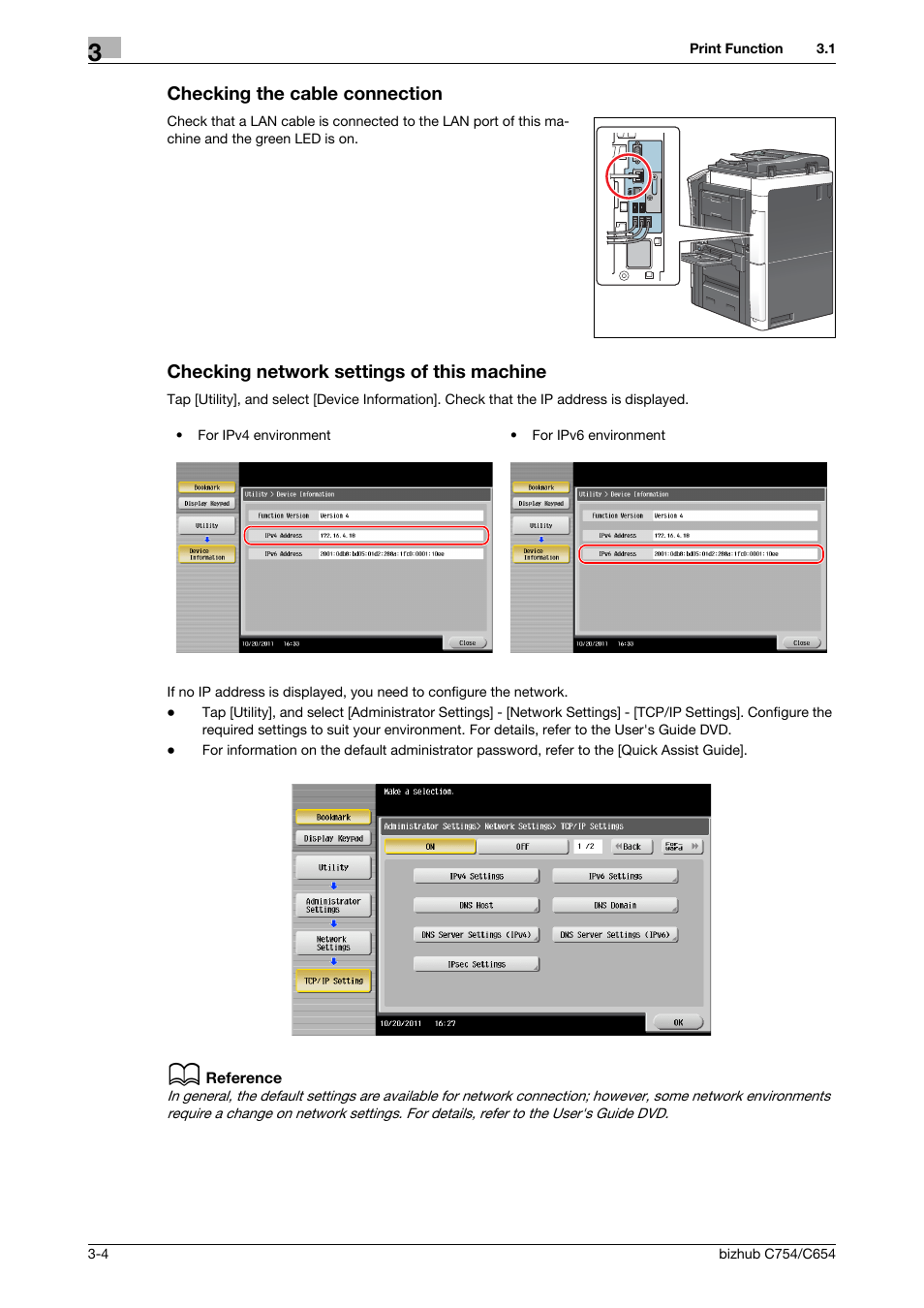 Checking the cable connection, Checking network settings of this machine | Konica Minolta bizhub C654 User Manual | Page 60 / 130