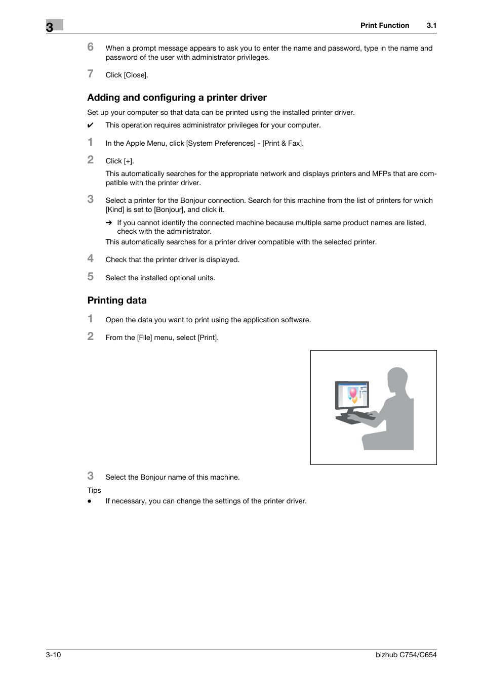 Adding and configuring a printer driver, Printing data | Konica Minolta bizhub C654 User Manual | Page 66 / 130