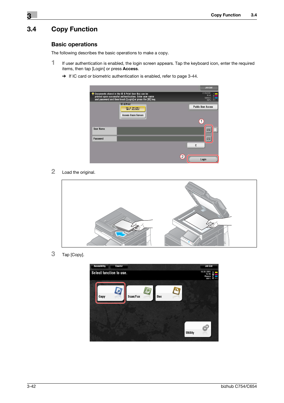 4 copy function, Basic operations, Copy function -42 basic operations -42 | Konica Minolta bizhub C654 User Manual | Page 98 / 130