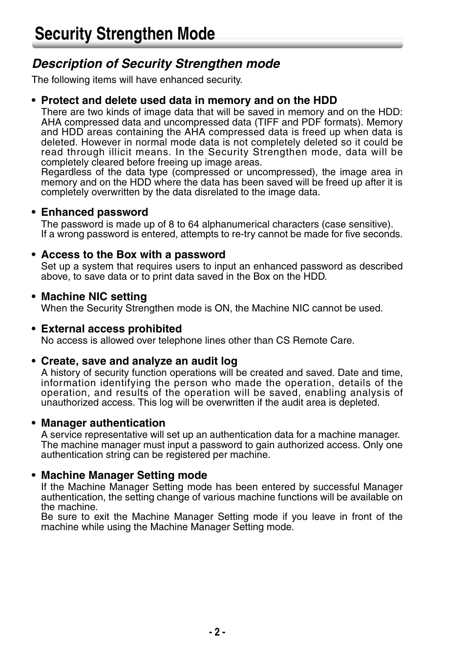 Security strengthen mode, Description of security strengthen mode | Konica Minolta bizhub PRO 1050eP User Manual | Page 10 / 48