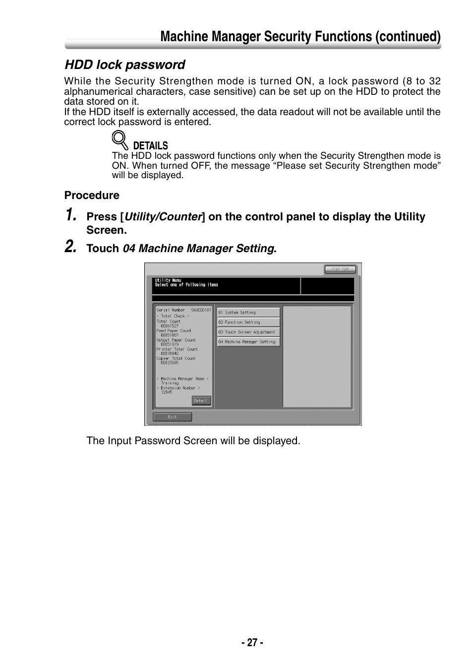 Hdd lock password, Machine manager security functions (continued) | Konica Minolta bizhub PRO 1050eP User Manual | Page 35 / 48