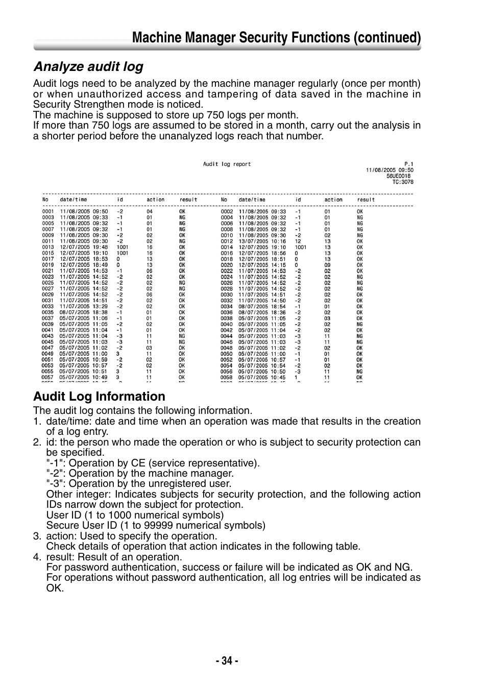 Analyze audit log, Machine manager security functions (continued) | Konica Minolta bizhub PRO 1050eP User Manual | Page 42 / 48