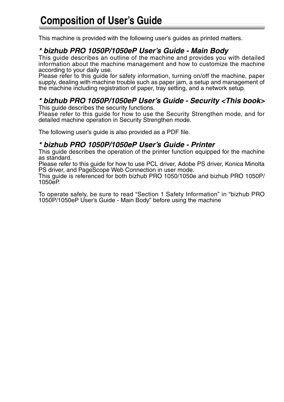Composition of user’s guide | Konica Minolta bizhub PRO 1050eP User Manual | Page 5 / 48