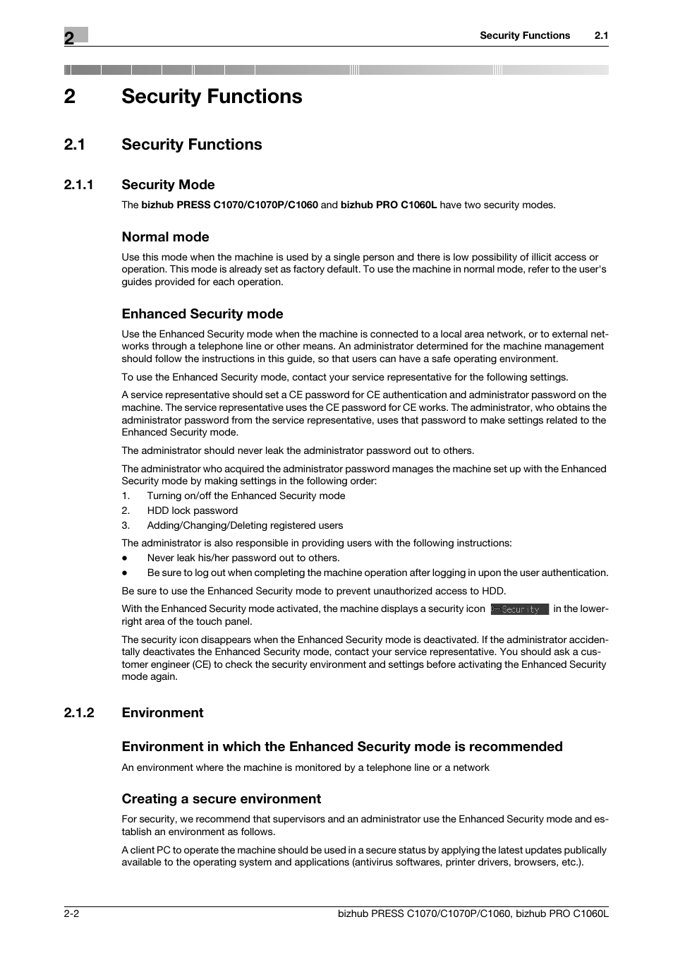 2 security functions, 1 security functions, 1 security mode | 2 environment, Security functions, Security functions -2, Security mode -2, Environment -2, 2security functions | Konica Minolta bizhub PRESS C1060 User Manual | Page 10 / 68