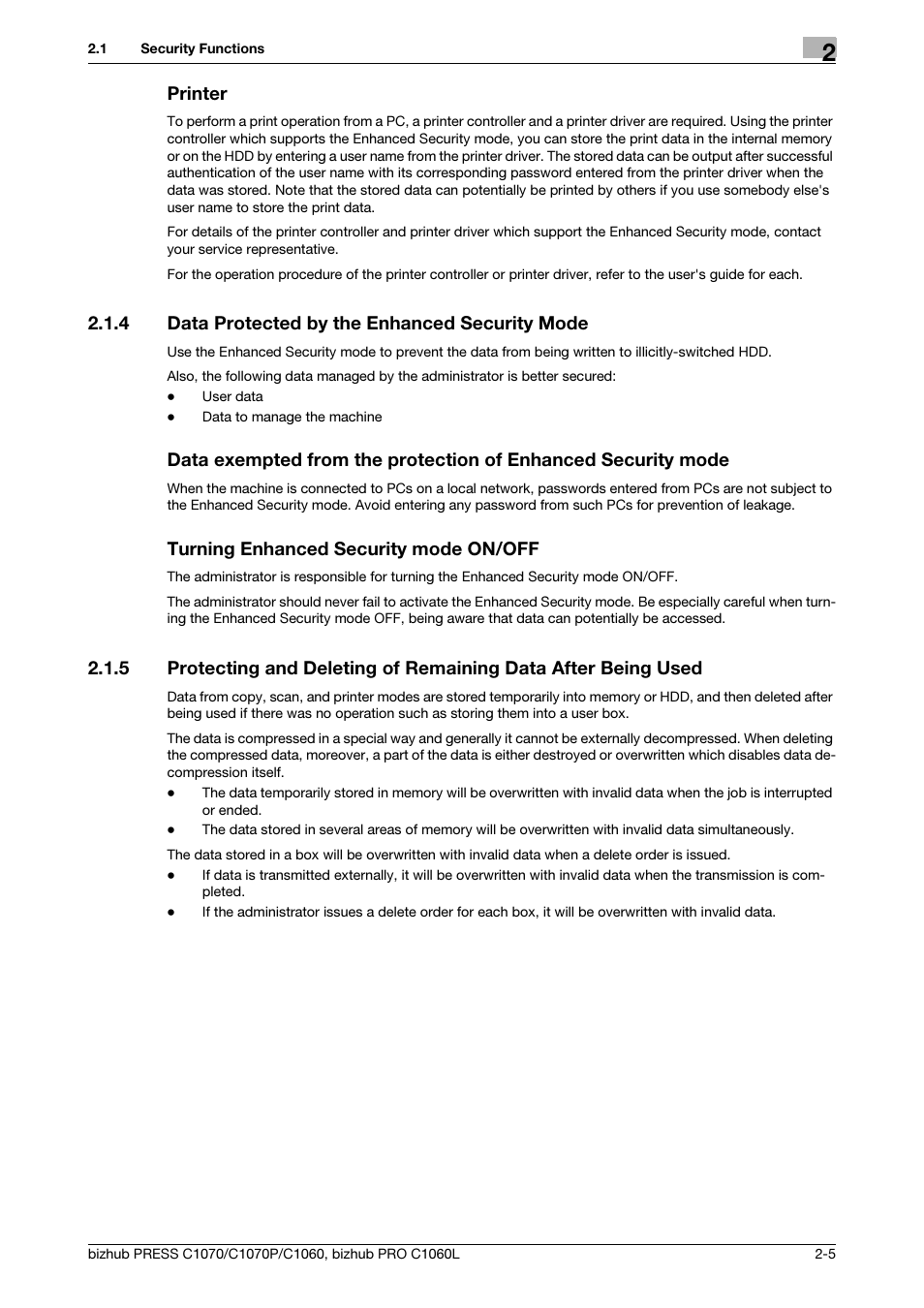 4 data protected by the enhanced security mode, Data protected by the enhanced security mode -5, Printer | Turning enhanced security mode on/off | Konica Minolta bizhub PRESS C1060 User Manual | Page 13 / 68