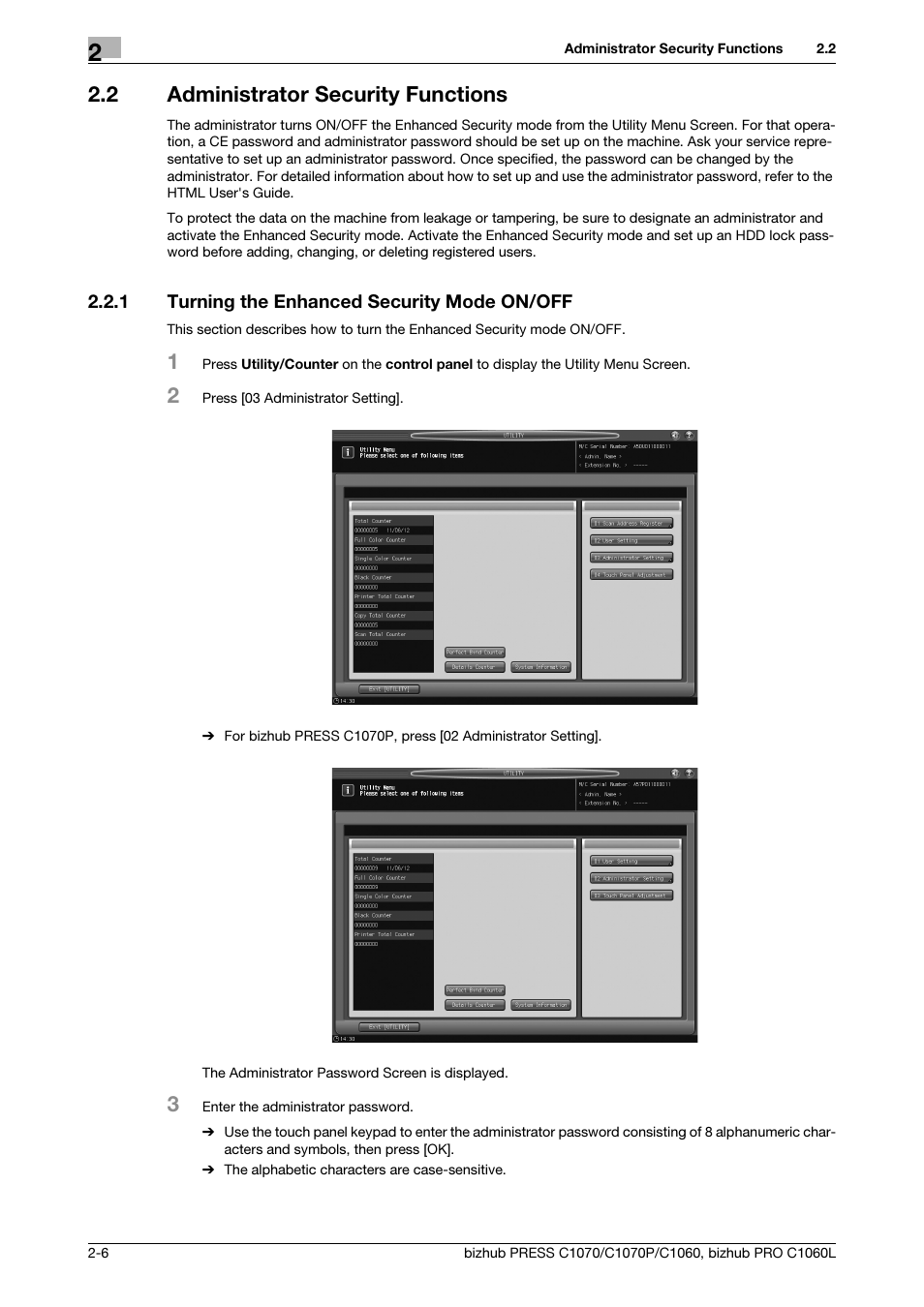 2 administrator security functions, 1 turning the enhanced security mode on/off, Administrator security functions -6 | Turning the enhanced security mode on/off -6 | Konica Minolta bizhub PRESS C1060 User Manual | Page 14 / 68