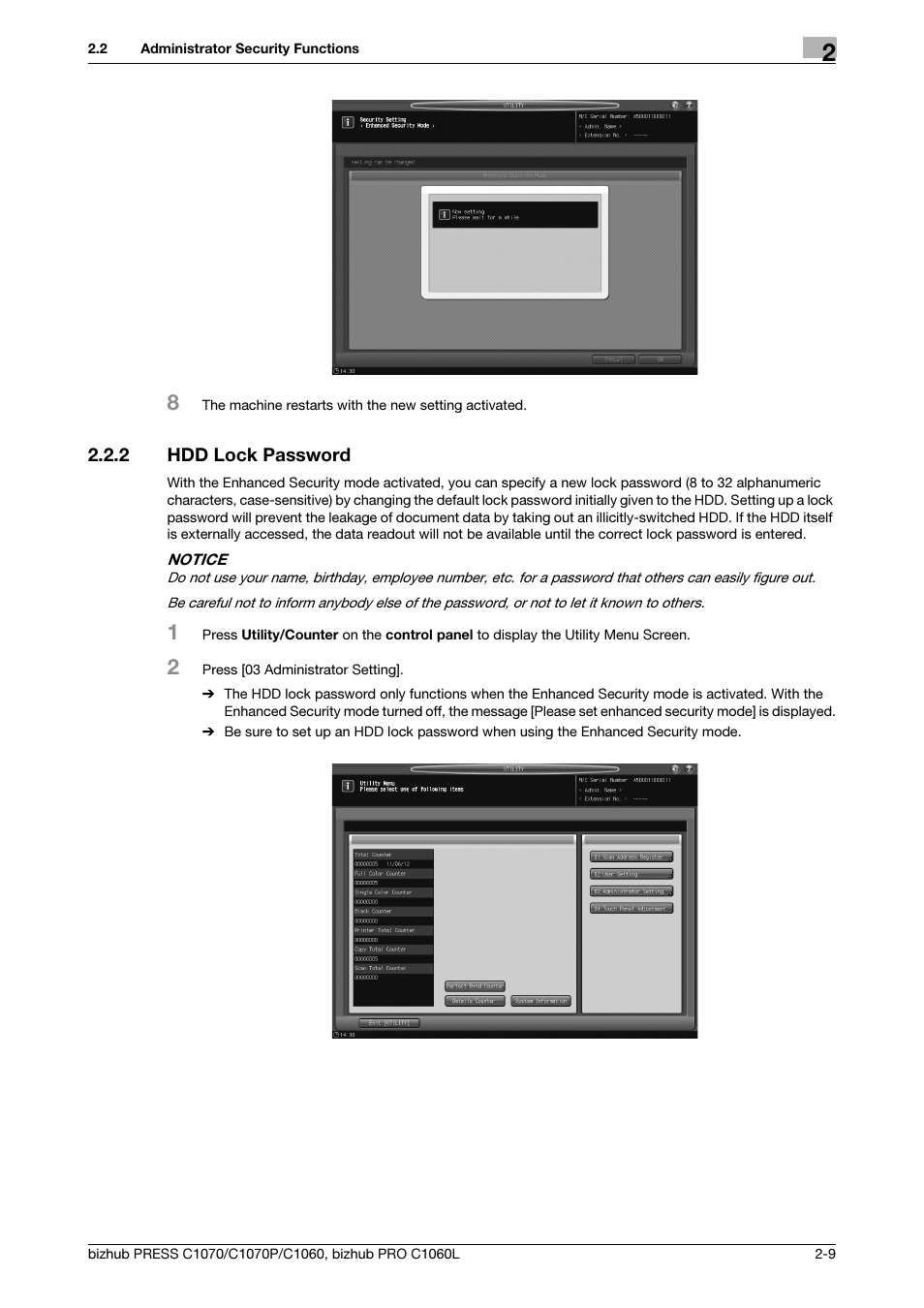 2 hdd lock password, Hdd lock password -9 | Konica Minolta bizhub PRESS C1060 User Manual | Page 17 / 68