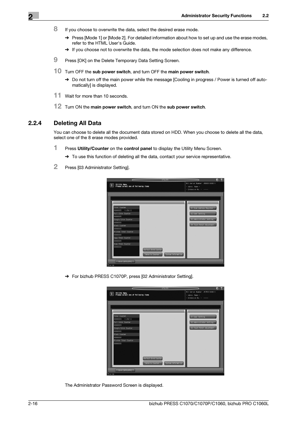 4 deleting all data, Deleting all data -16 | Konica Minolta bizhub PRESS C1060 User Manual | Page 24 / 68