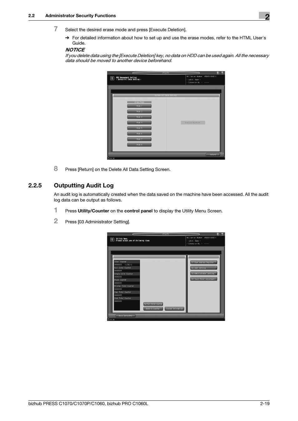 5 outputting audit log, Outputting audit log -19 | Konica Minolta bizhub PRESS C1060 User Manual | Page 27 / 68