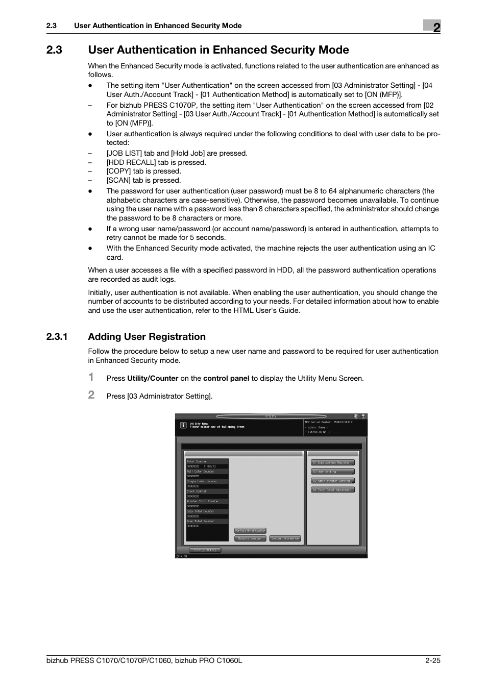 3 user authentication in enhanced security mode, 1 adding user registration, User authentication in enhanced security mode -25 | Adding user registration -25 | Konica Minolta bizhub PRESS C1060 User Manual | Page 33 / 68