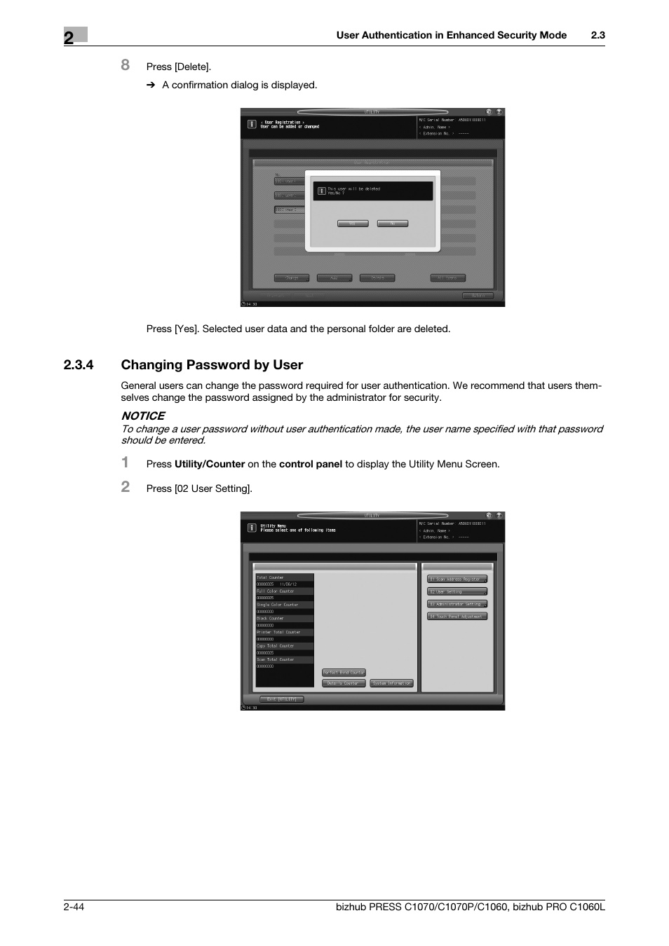4 changing password by user, Changing password by user -44 | Konica Minolta bizhub PRESS C1060 User Manual | Page 52 / 68