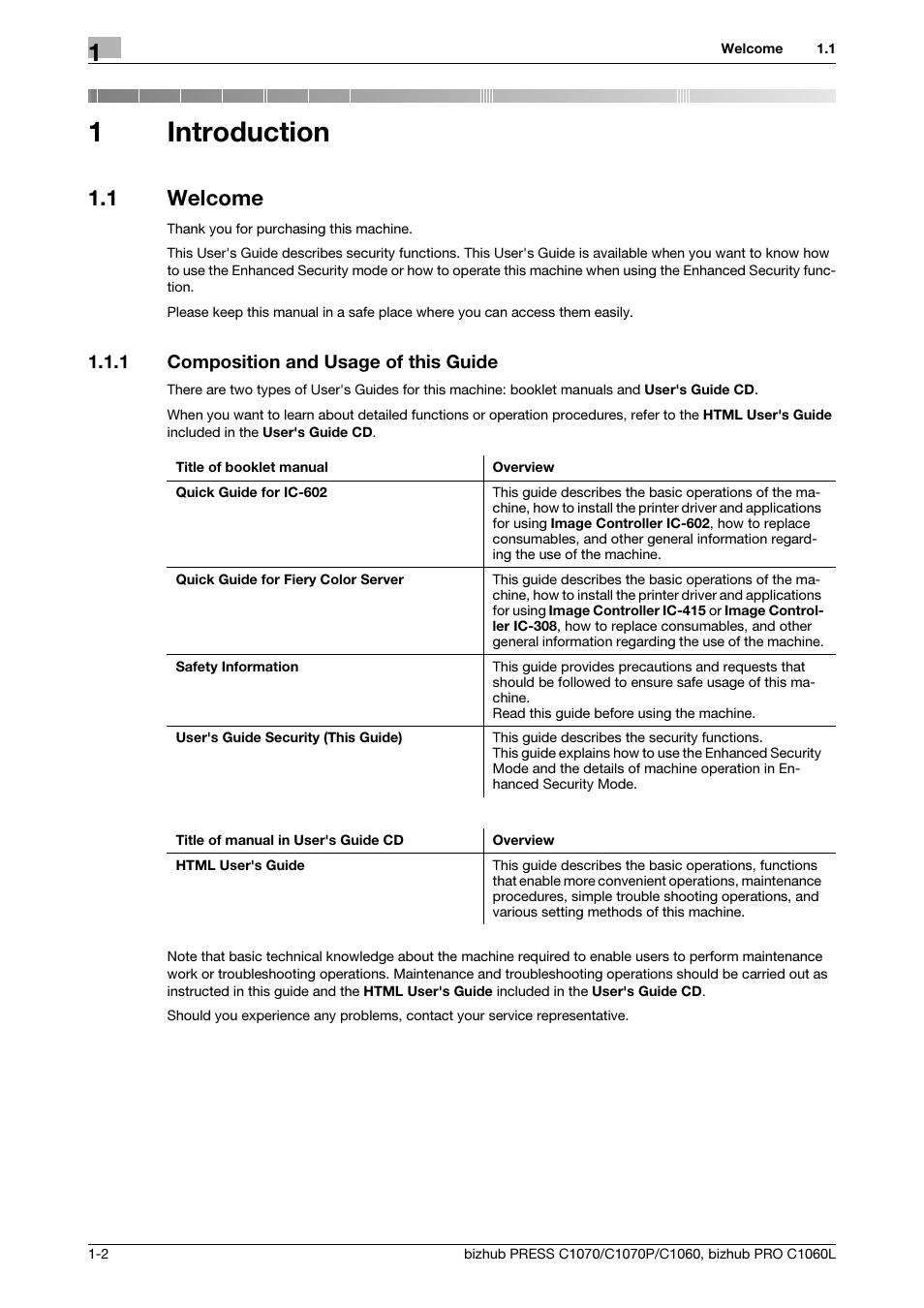 1 introduction, 1 welcome, 1 composition and usage of this guide | Introduction, Welcome -2, Composition and usage of this guide -2, 1introduction | Konica Minolta bizhub PRESS C1060 User Manual | Page 6 / 68