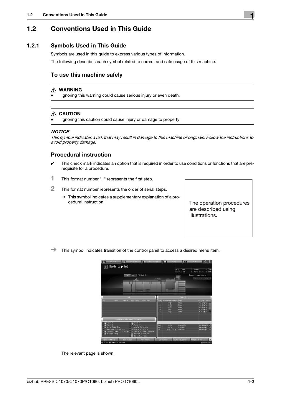 2 conventions used in this guide, 1 symbols used in this guide, Conventions used in this guide -3 | Symbols used in this guide -3 | Konica Minolta bizhub PRESS C1060 User Manual | Page 7 / 68