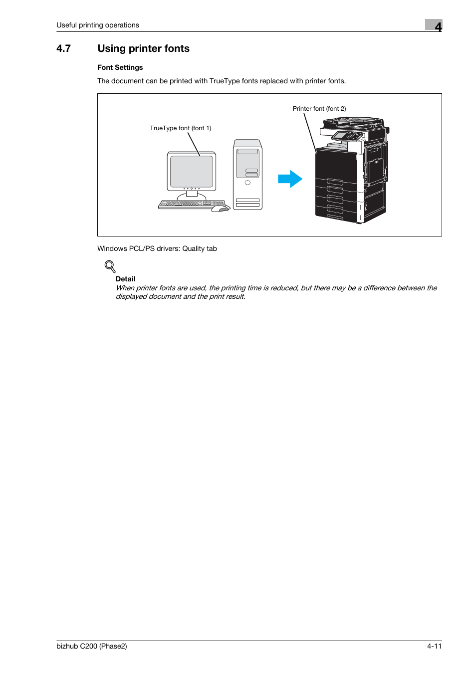 7 using printer fonts, Font settings, Using printer fonts -11 | Konica Minolta bizhub C200 User Manual | Page 101 / 204