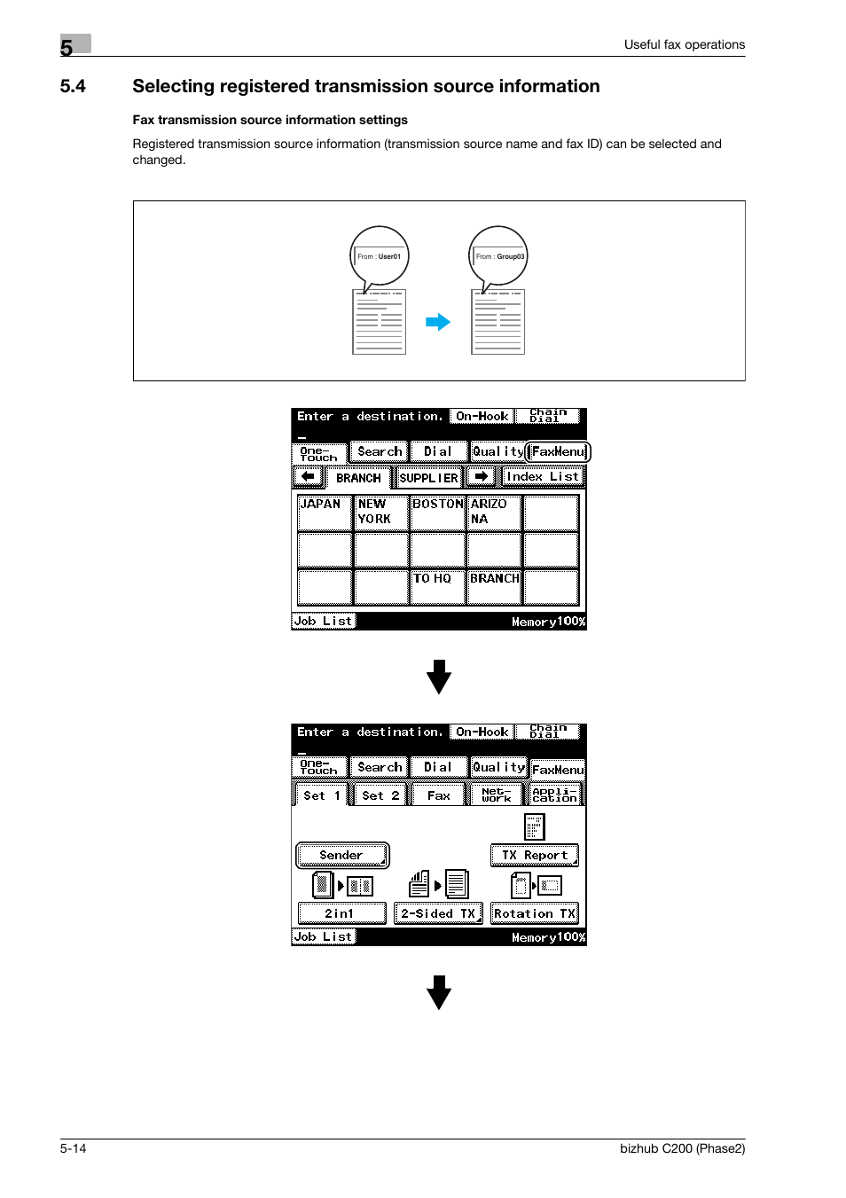 Fax transmission source information settings | Konica Minolta bizhub C200 User Manual | Page 116 / 204