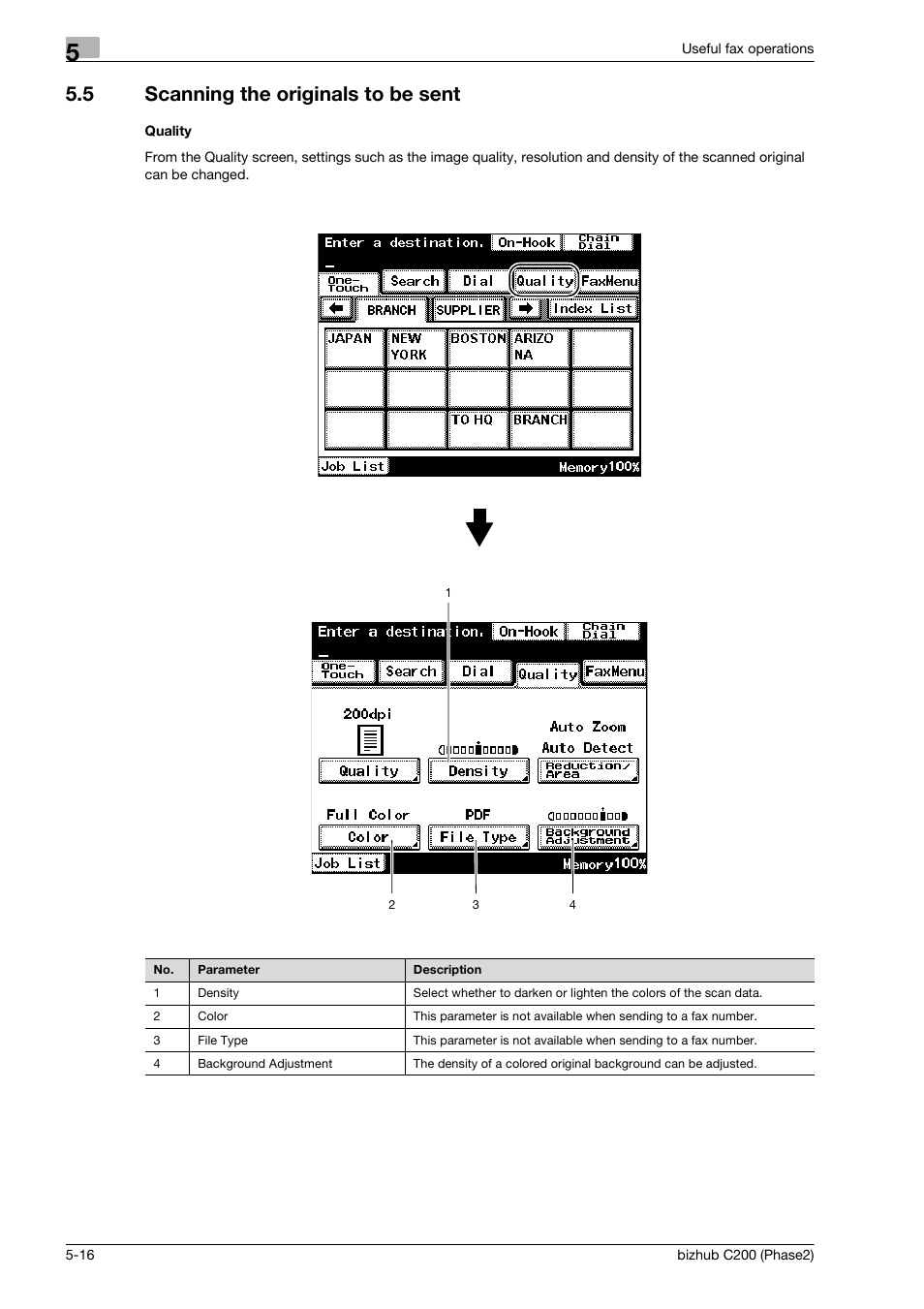 5 scanning the originals to be sent, Quality, Scanning the originals to be sent -16 | Konica Minolta bizhub C200 User Manual | Page 118 / 204