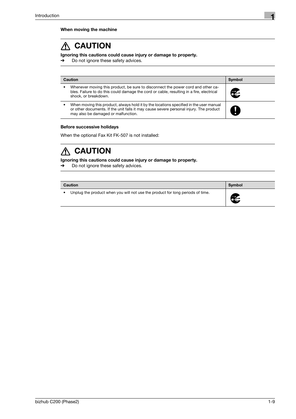 When moving the machine, Before successive holidays, 7 caution | Konica Minolta bizhub C200 User Manual | Page 13 / 204