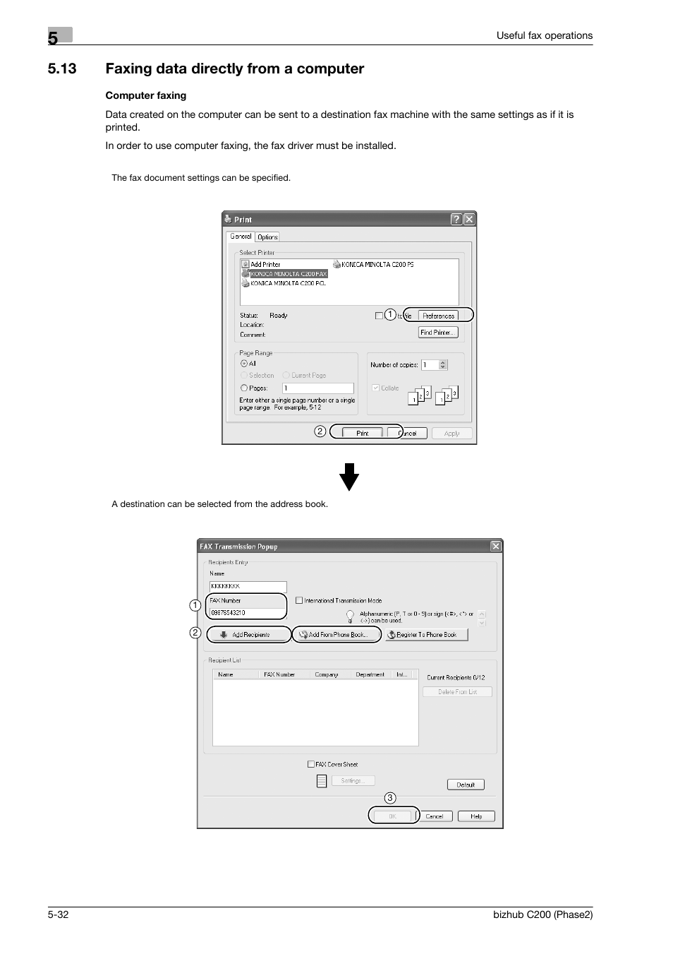 13 faxing data directly from a computer, Computer faxing, Faxing data directly from a computer -32 | Konica Minolta bizhub C200 User Manual | Page 134 / 204