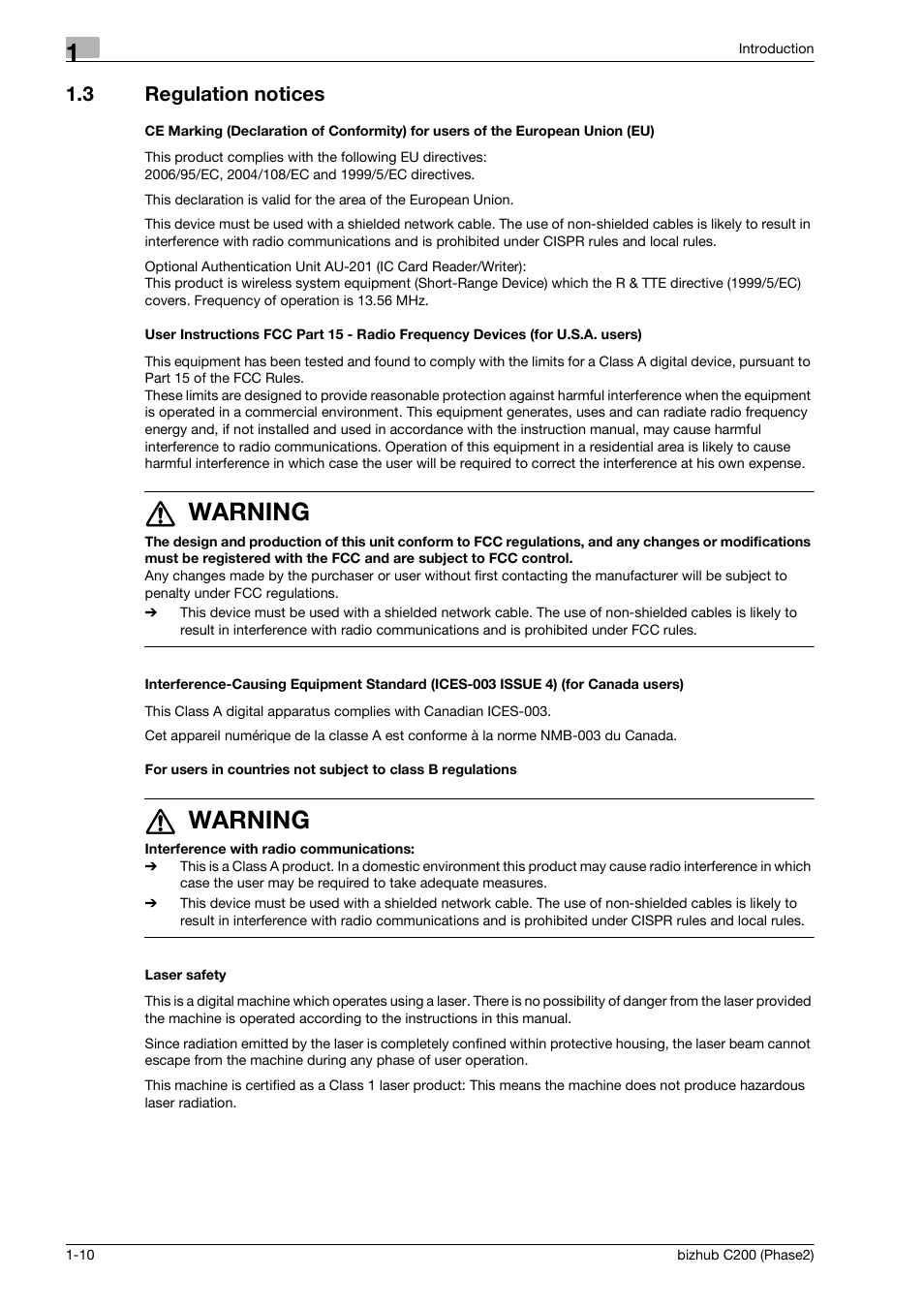3 regulation notices, Laser safety, Regulation notices -10 | 7 warning | Konica Minolta bizhub C200 User Manual | Page 14 / 204