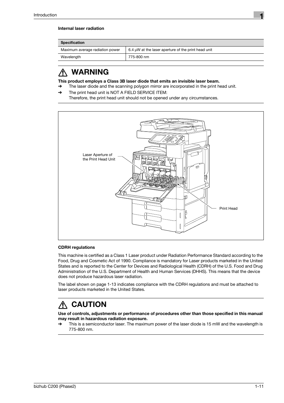 Internal laser radiation, Cdrh regulations, 7 warning | 7 caution | Konica Minolta bizhub C200 User Manual | Page 15 / 204