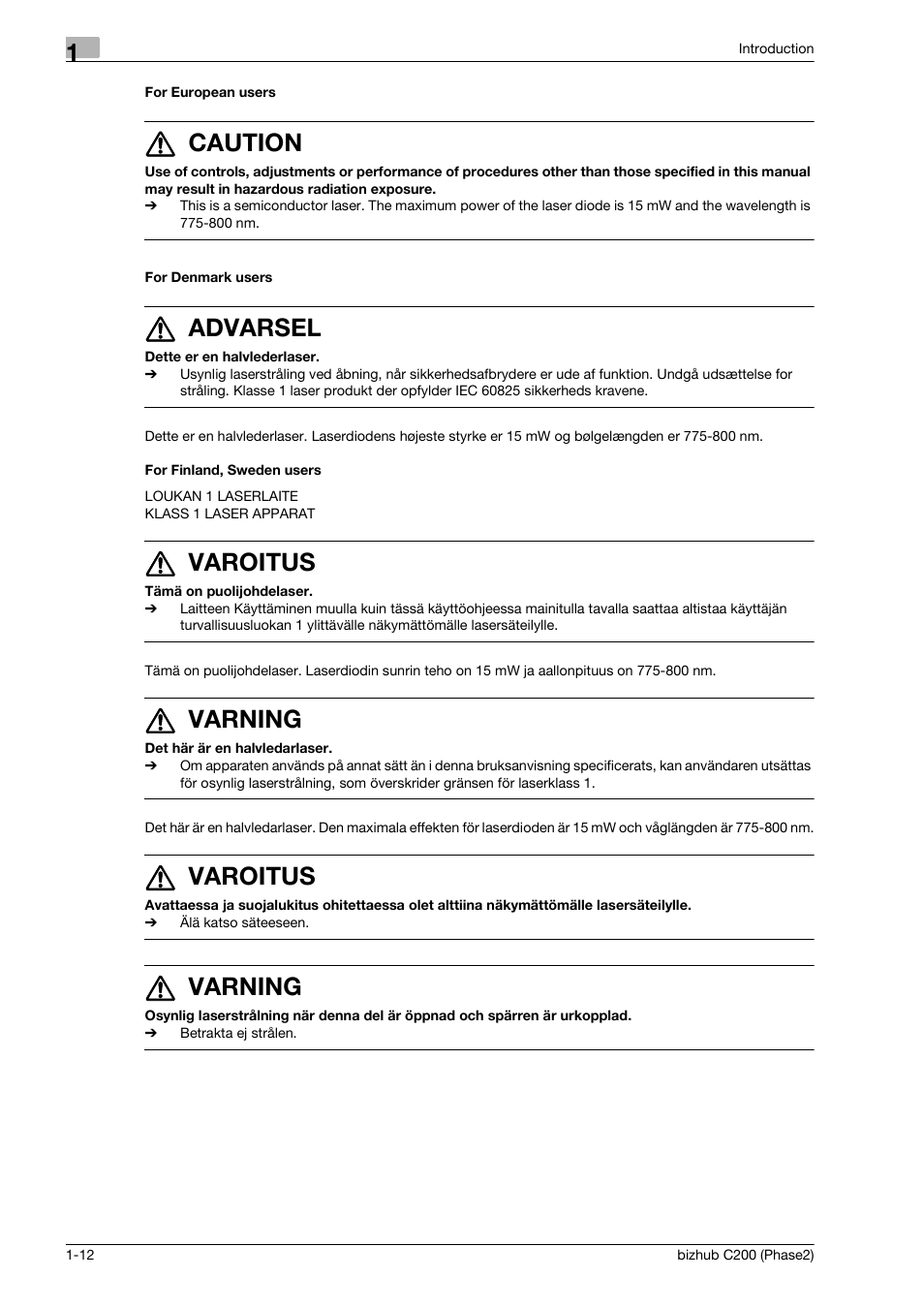 For european users, For denmark users, For finland, sweden users | 7 caution, 7 advarsel, 7 varoitus, 7 varning | Konica Minolta bizhub C200 User Manual | Page 16 / 204