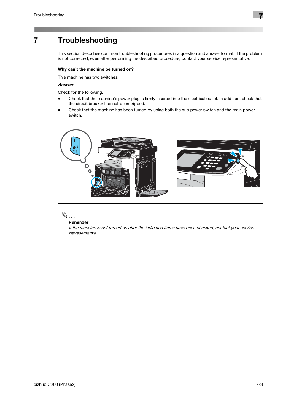 7 troubleshooting, Why can’t the machine be turned on, Troubleshooting | 7troubleshooting | Konica Minolta bizhub C200 User Manual | Page 163 / 204