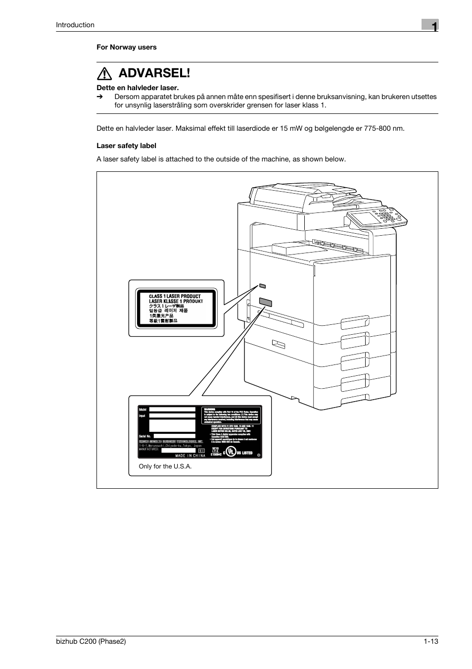 For norway users, Laser safety label, 7 advarsel | Konica Minolta bizhub C200 User Manual | Page 17 / 204