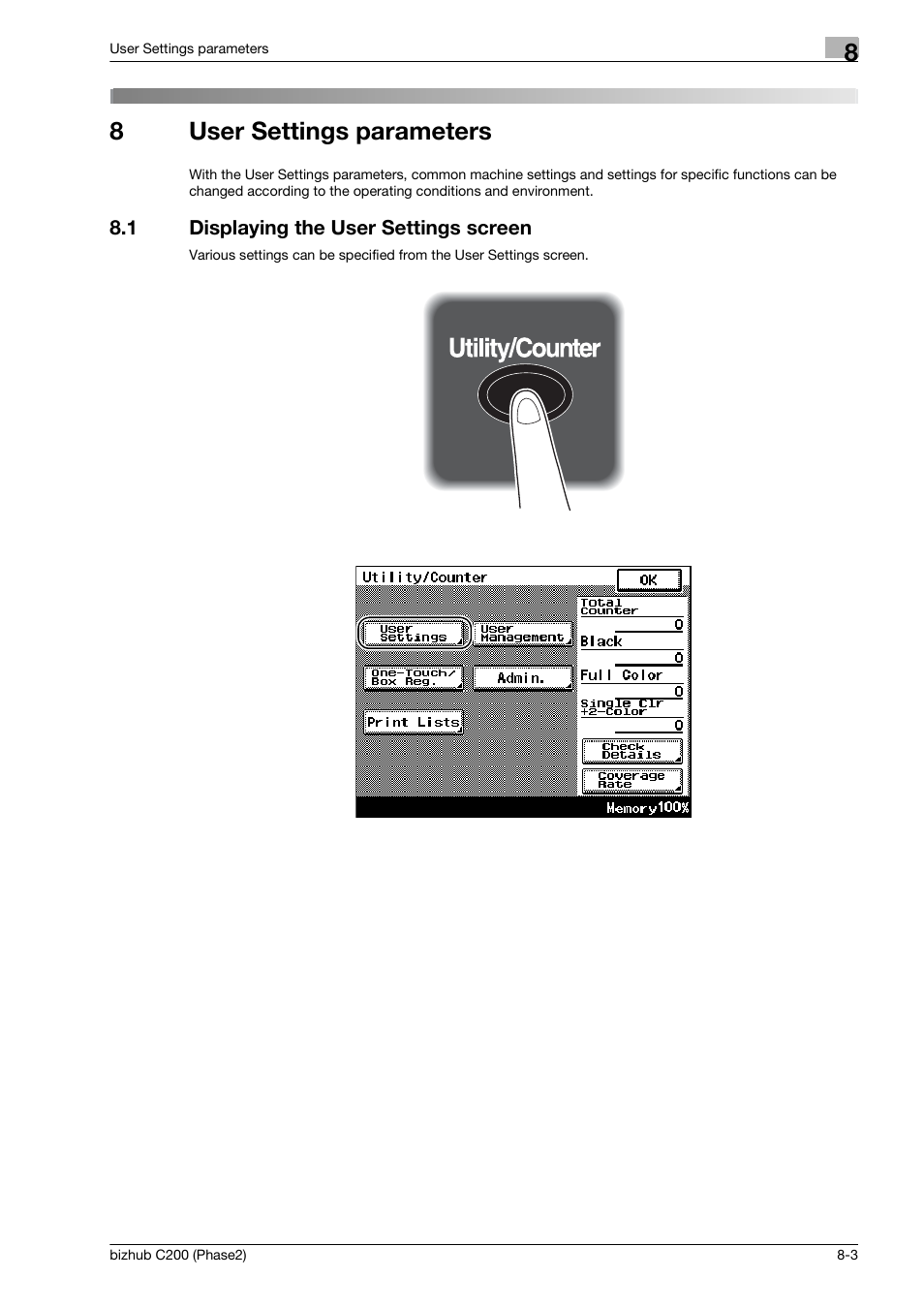 8 user settings parameters, 1 displaying the user settings screen, User settings parameters | Displaying the user settings screen -3, 8user settings parameters | Konica Minolta bizhub C200 User Manual | Page 171 / 204