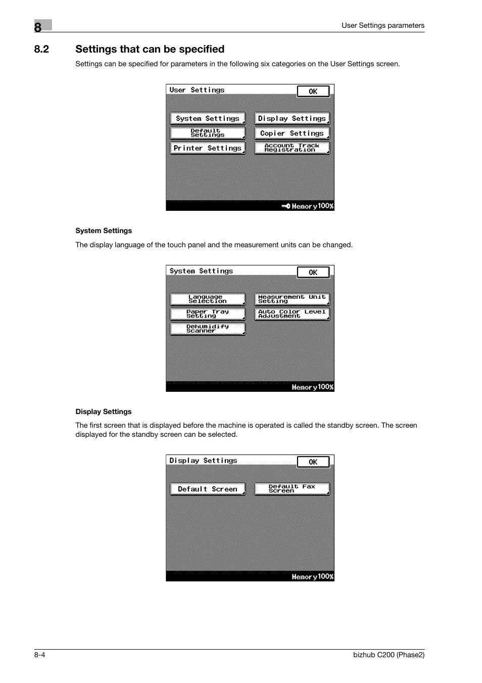 2 settings that can be specified, System settings, Display settings | Settings that can be specified -4 | Konica Minolta bizhub C200 User Manual | Page 172 / 204