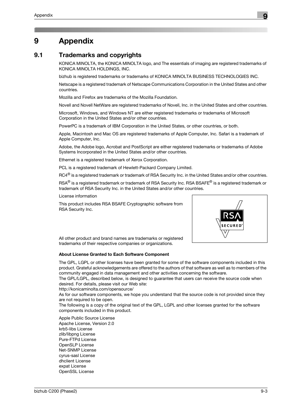 9 appendix, 1 trademarks and copyrights, About license granted to each software component | Appendix, Trademarks and copyrights -3, 9appendix | Konica Minolta bizhub C200 User Manual | Page 177 / 204