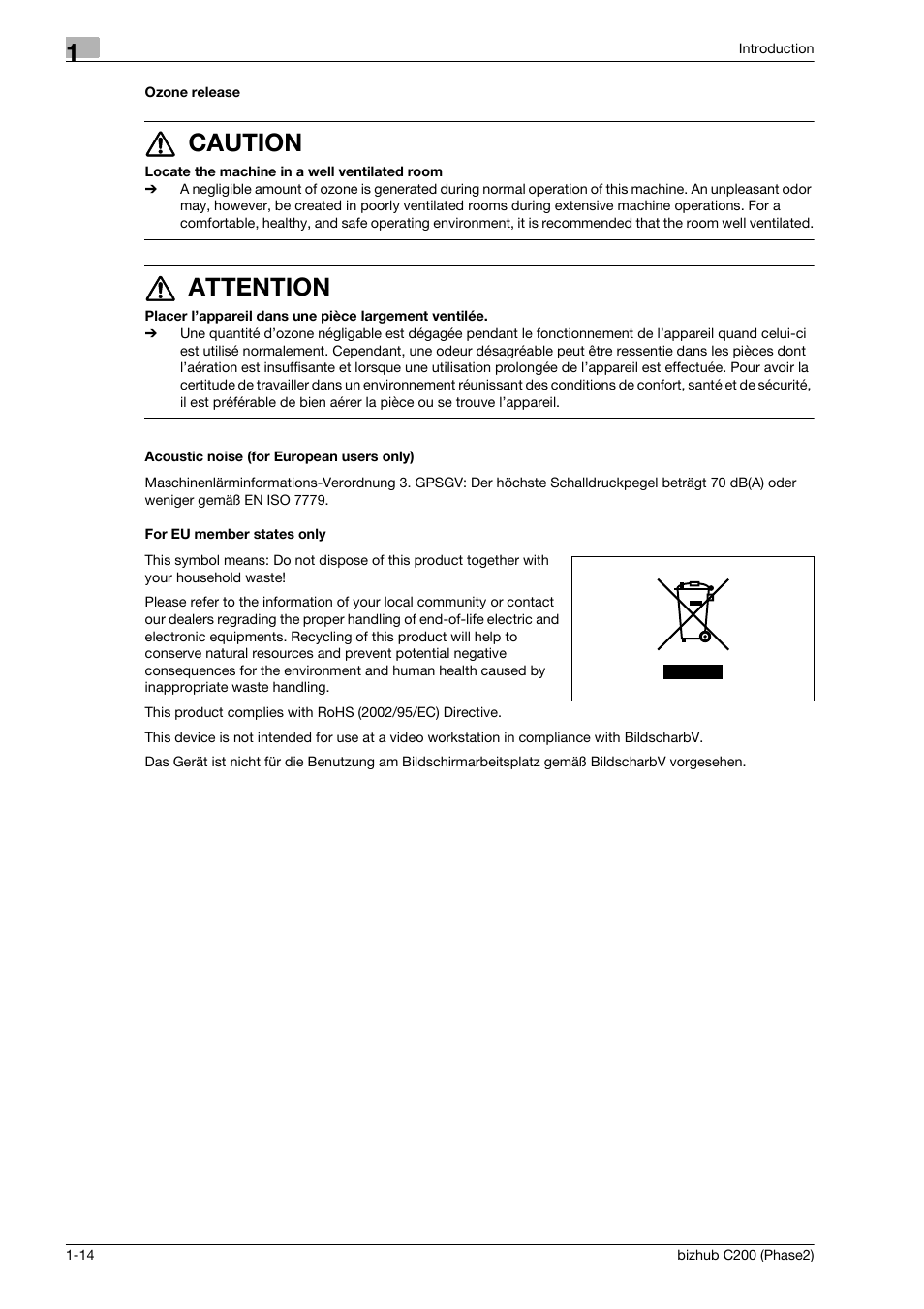 Ozone release, Acoustic noise (for european users only), For eu member states only | 7 caution, 7 attention | Konica Minolta bizhub C200 User Manual | Page 18 / 204