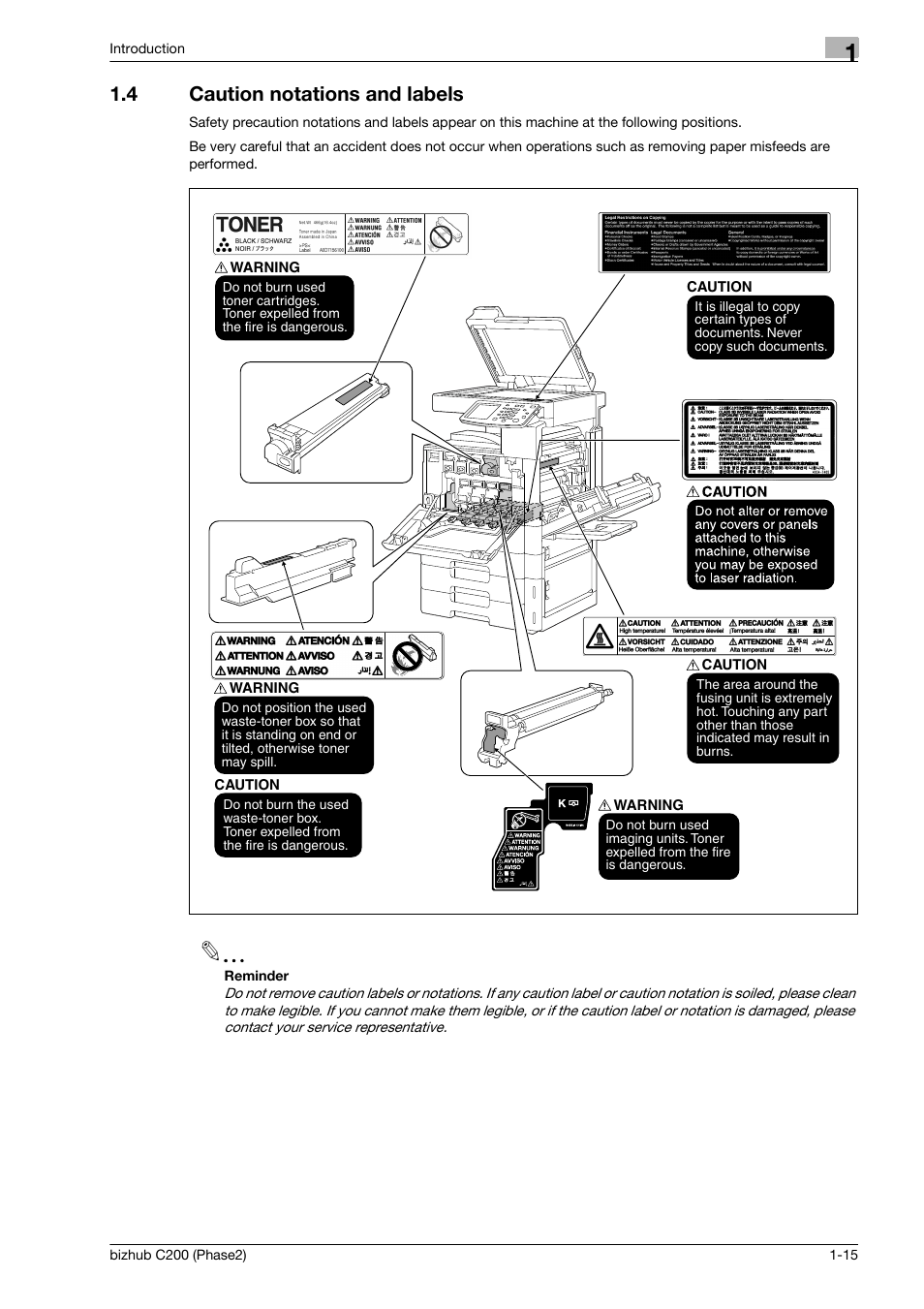 4 caution notations and labels, Caution notations and labels -15 | Konica Minolta bizhub C200 User Manual | Page 19 / 204