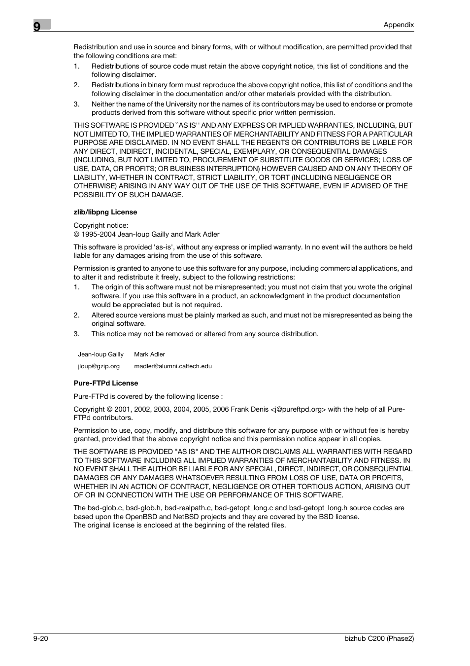 Zlib/libpng license, Pure-ftpd license | Konica Minolta bizhub C200 User Manual | Page 194 / 204