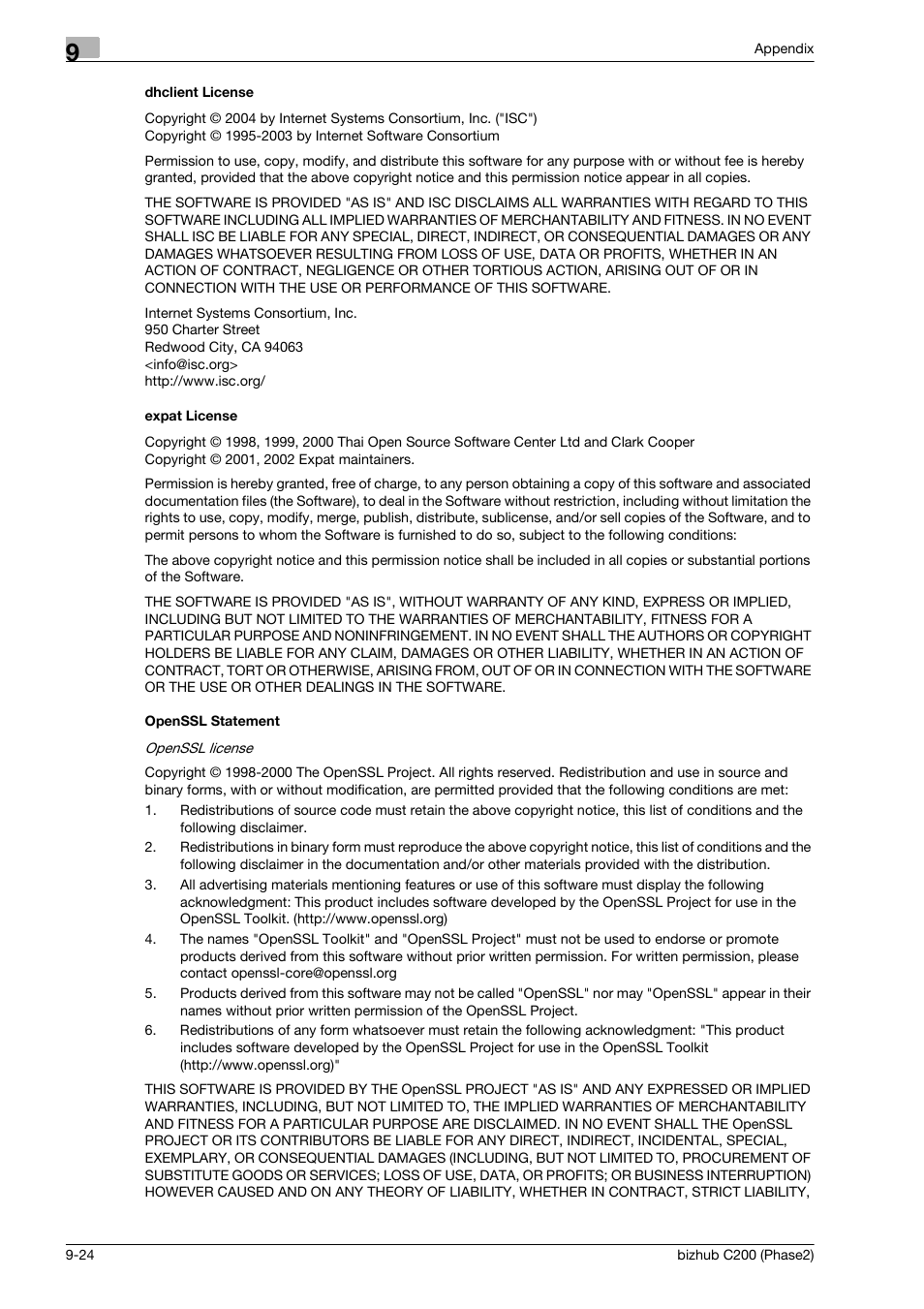 Dhclient license, Expat license, Openssl statement | Konica Minolta bizhub C200 User Manual | Page 198 / 204