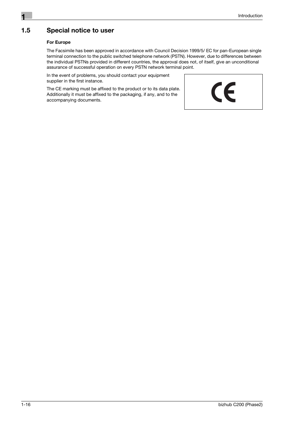 5 special notice to user, For europe, Special notice to user -16 | Konica Minolta bizhub C200 User Manual | Page 20 / 204
