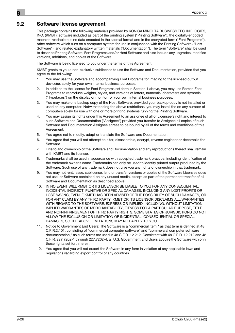2 software license agreement, Software license agreement -26 | Konica Minolta bizhub C200 User Manual | Page 200 / 204