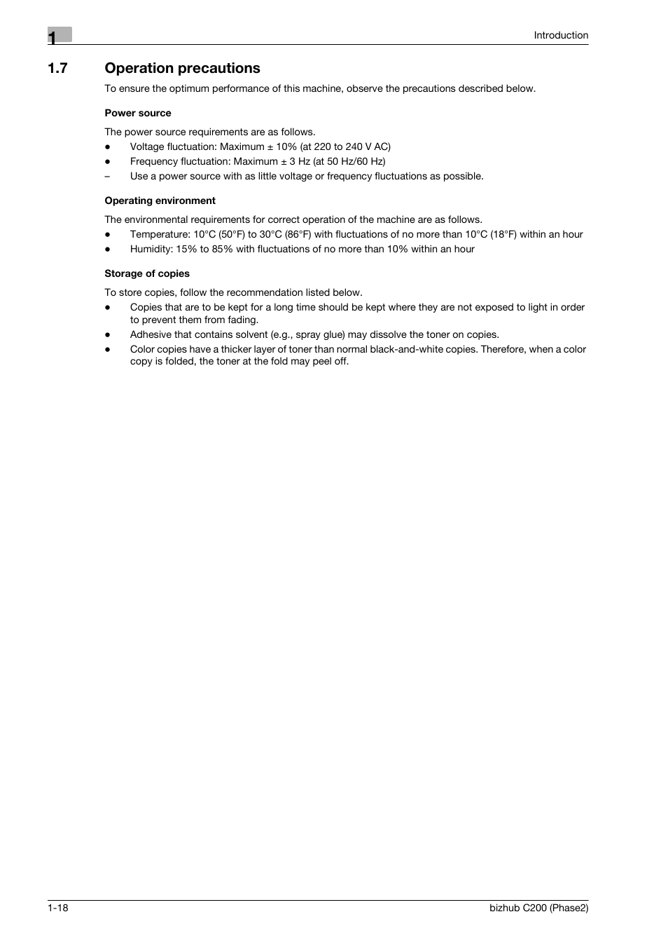 7 operation precautions, Power source, Operating environment | Storage of copies, Operation precautions -18 | Konica Minolta bizhub C200 User Manual | Page 22 / 204