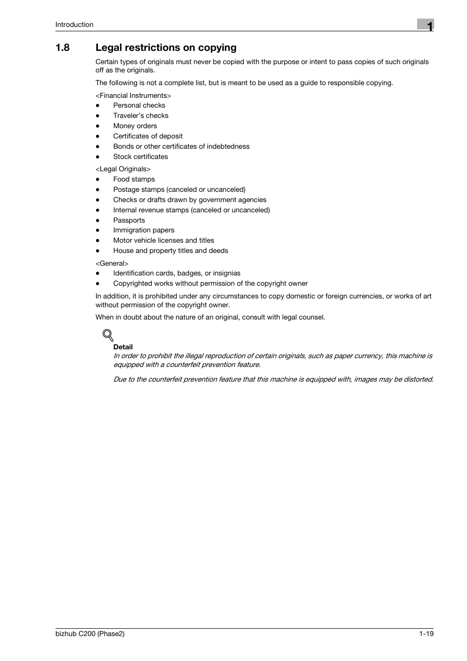 8 legal restrictions on copying, Legal restrictions on copying -19 | Konica Minolta bizhub C200 User Manual | Page 23 / 204