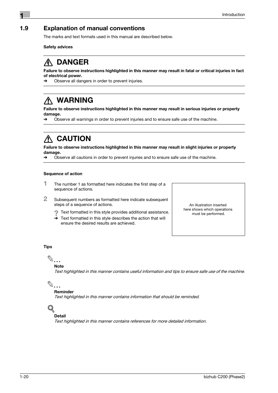 9 explanation of manual conventions, Safety advices, Sequence of action | Tips, Explanation of manual conventions -20, 6 danger, 7 warning, 7 caution | Konica Minolta bizhub C200 User Manual | Page 24 / 204